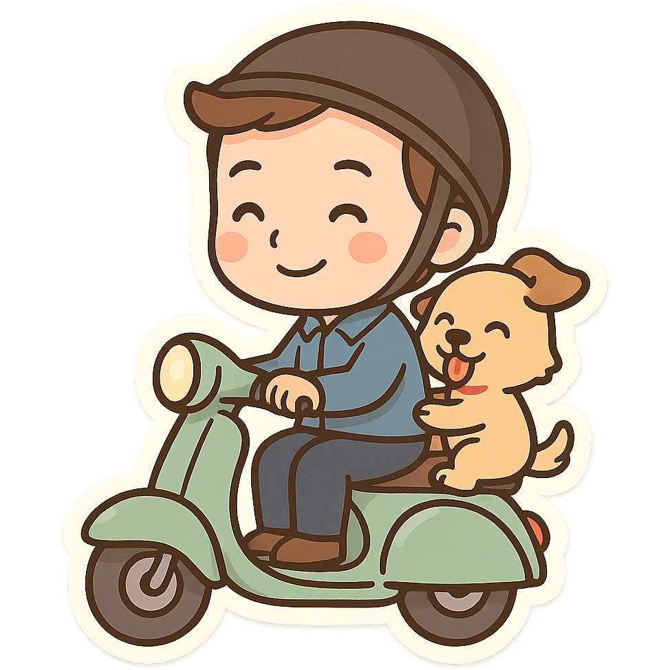 man and his pet dog riding a vespa emoji
