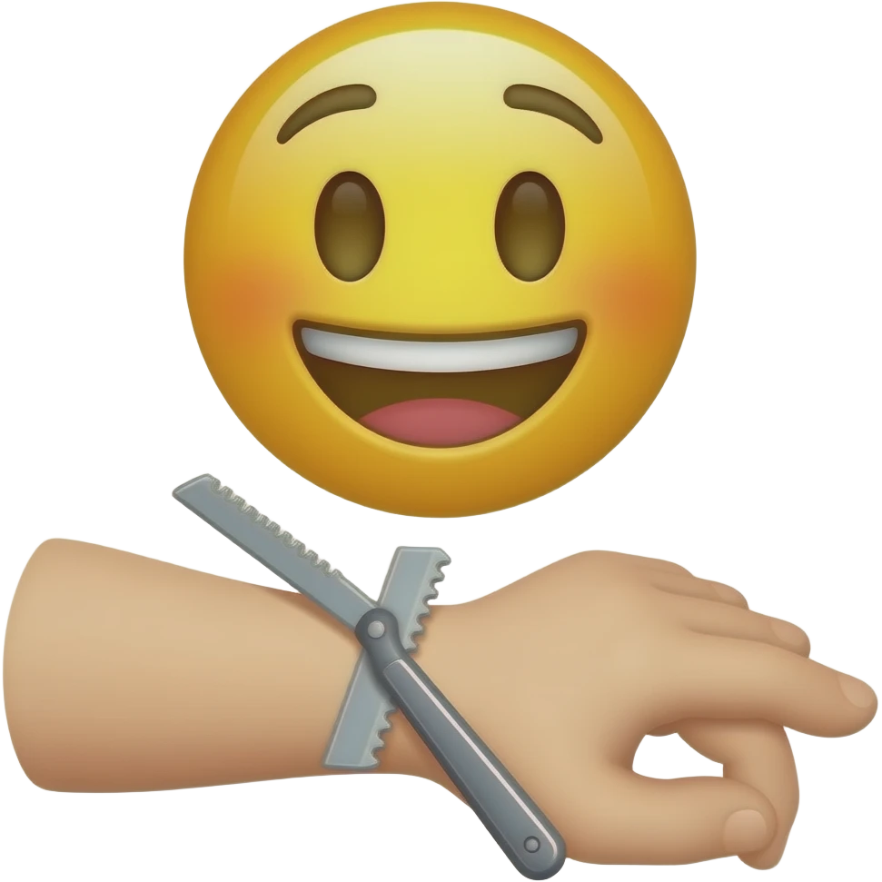 Smiling emoji cutting wrist with razor blade emoji