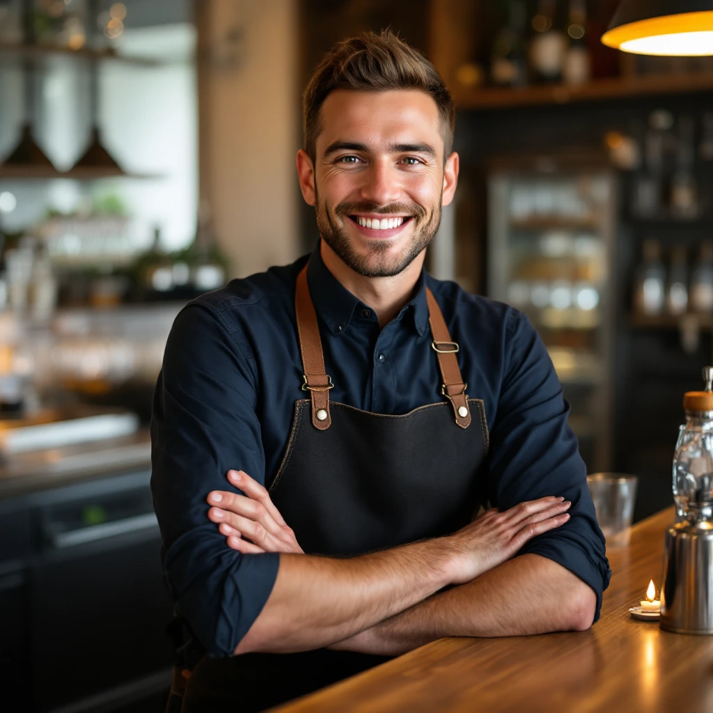 photo d'une barman souriante, professionnelle emoji