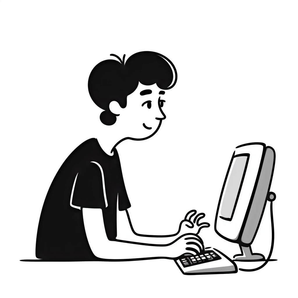 Young man with modern haircut sitting at a vintage desktop computer with large CRT monitor and floppy disk drive emoji