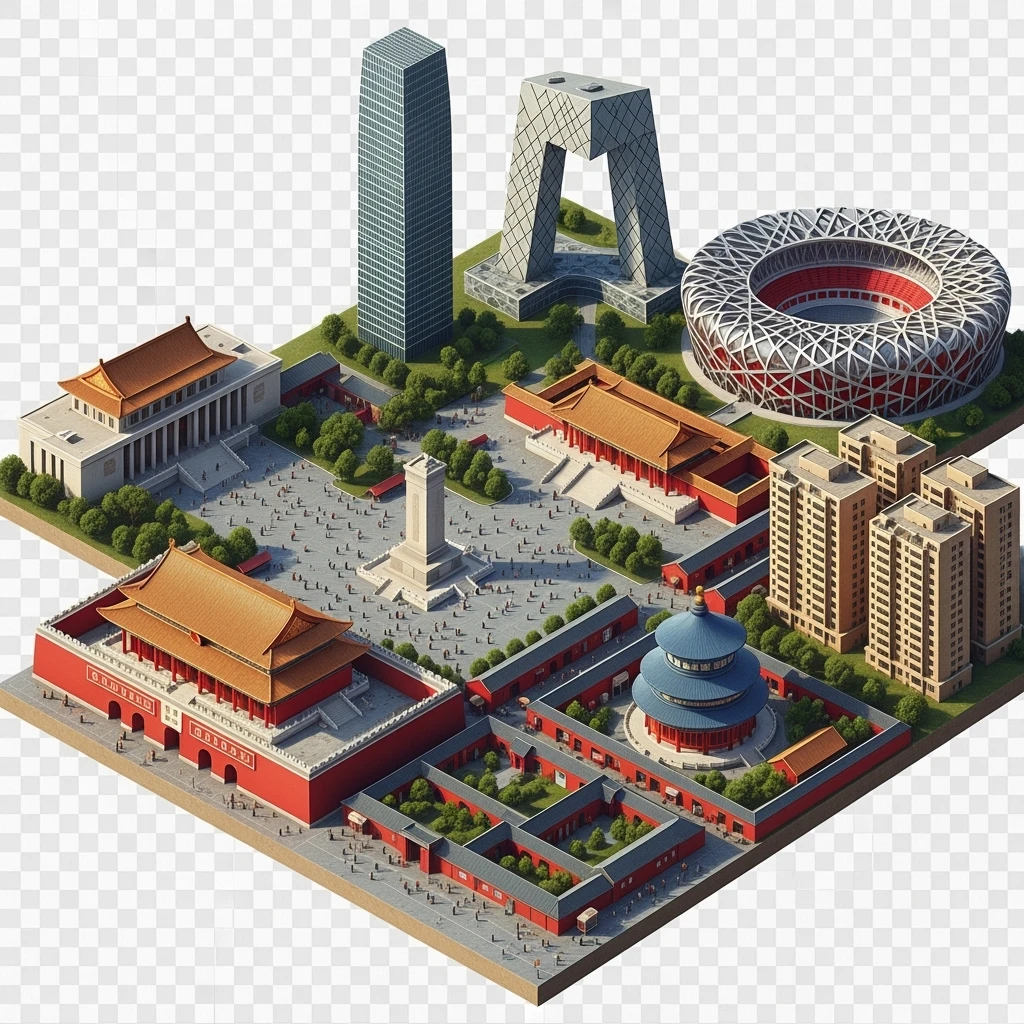 Isometric miniature of Beijing Forbidden City, Tiananmen Square, CCTV Headquarters, Temple of Heaven, Bird’s Nest Stadium and crowded hutong alleys, sprawling apartment blocks, 3D miniature effect and Tilt Shift effect, no cartoonish look, transparent background. emoji