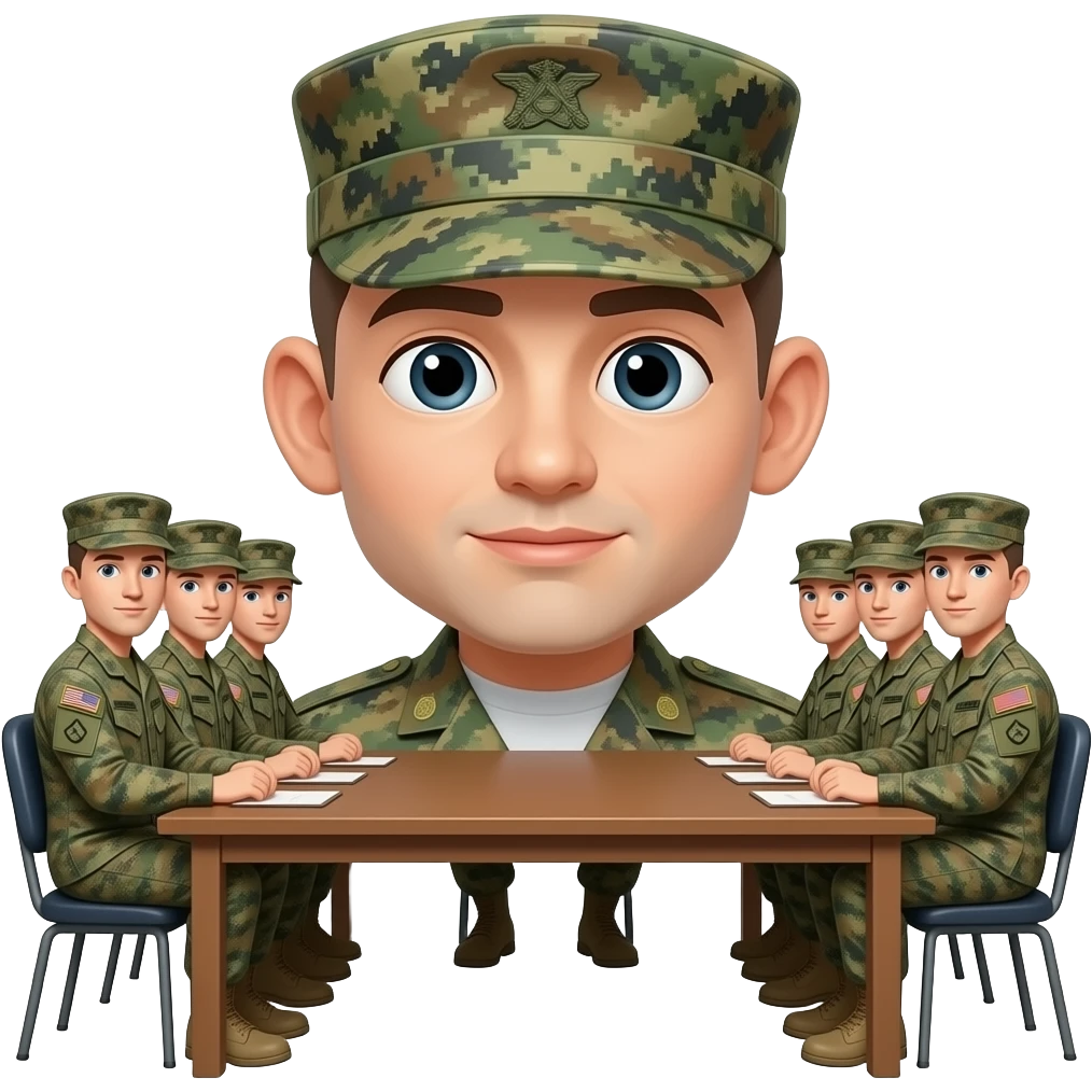 12 Marines meeting at a table lead by a big eared marine emoji