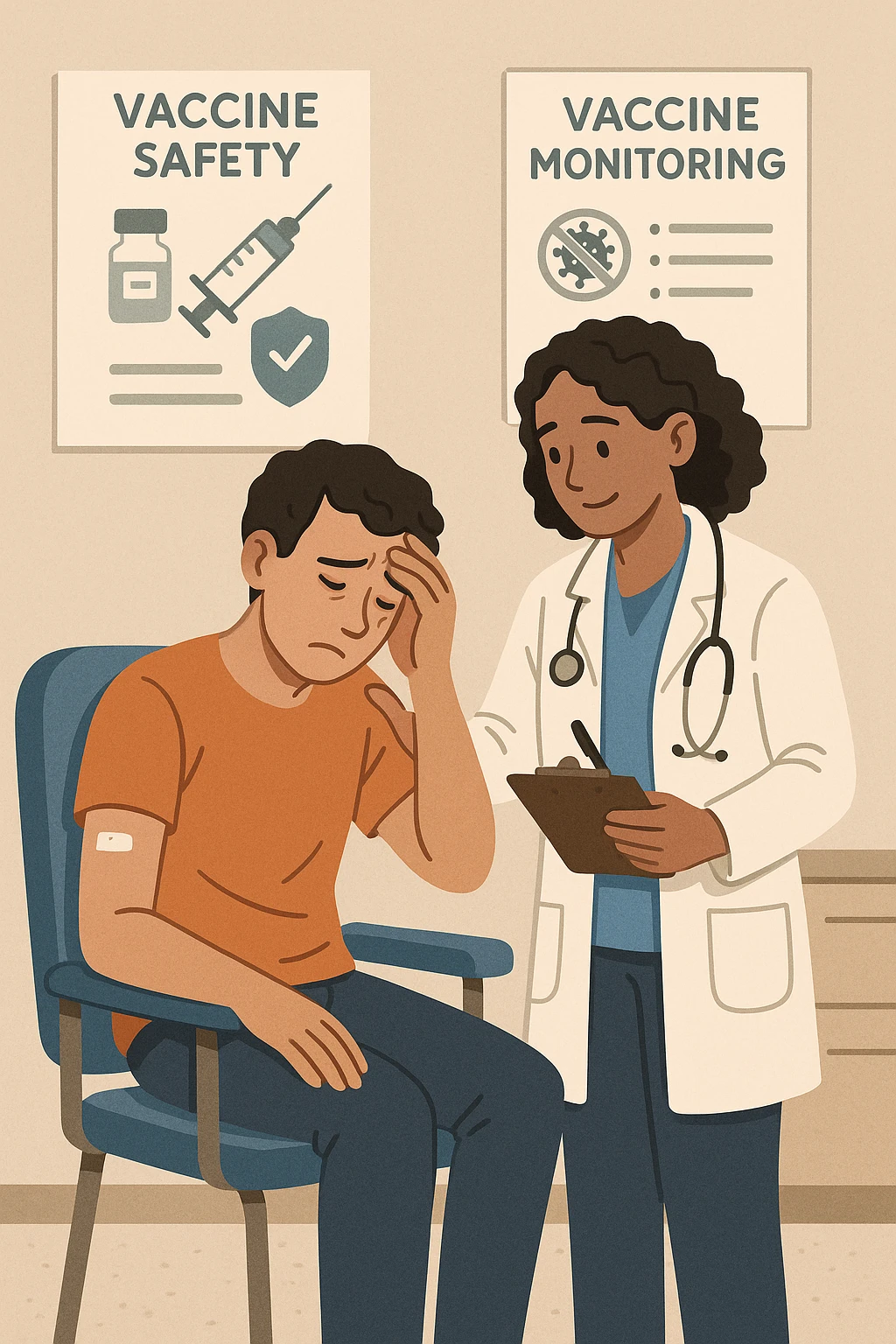 Vertical, educational medical illustration: a healthcare professional observes a patient who appears unwell after receiving a vaccine. The patient sits in a clinic chair, showing mild symptoms such as fatigue or headache, while the professional takes notes and offers reassurance. The background includes educational posters about vaccine safety and monitoring. emoji