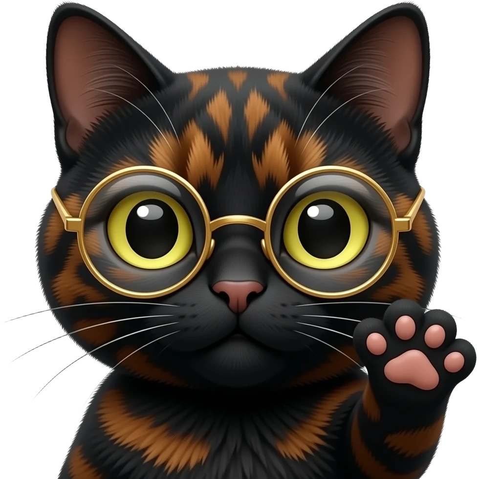 A black Tortoiseshell cat face emoji looking like an eager professor with round gold glassed and paw up with one pad raised. Only face and cat paw. emoji