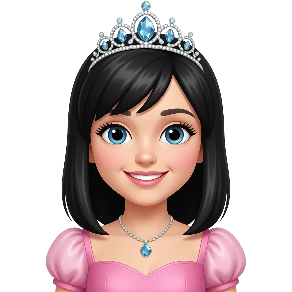 Gere um emoj de uma linda princesa de pele clara,cabelo médio na altura do ombro,,liso,preto, sorrindo. Ela possui cilios grandes com extensao de cilios, ela esta vestida com um vestido rosa, e uma linda coroa de diamantes  cabeça emoji