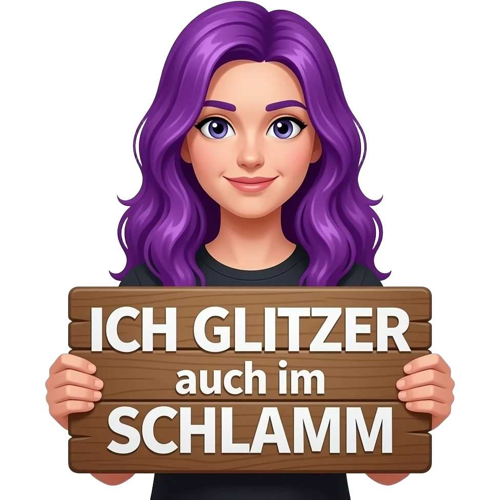 girl with long GLITTER purple hair holding a ICH GLITZER auch im SCHLAMM sign emoji