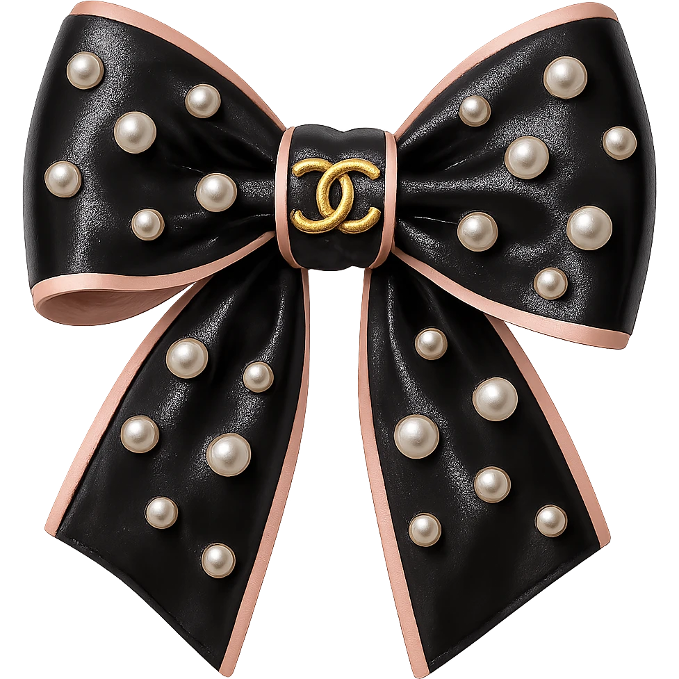 Remove the background, keep only the elegant bow with pearls and gold Chanel logo, glossy, pastel colors, realistic style, with no background. black pink emoji