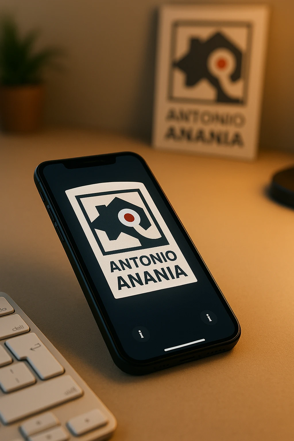 A photo of an iPhone on the desk with the message "Antonio Anania" on its screen, The phone sits atop a desk with a blurred background that suggests work environment. A faint glow from above casts gentle shadows across the surface of each object, creating depth and highlighting their textures emoji