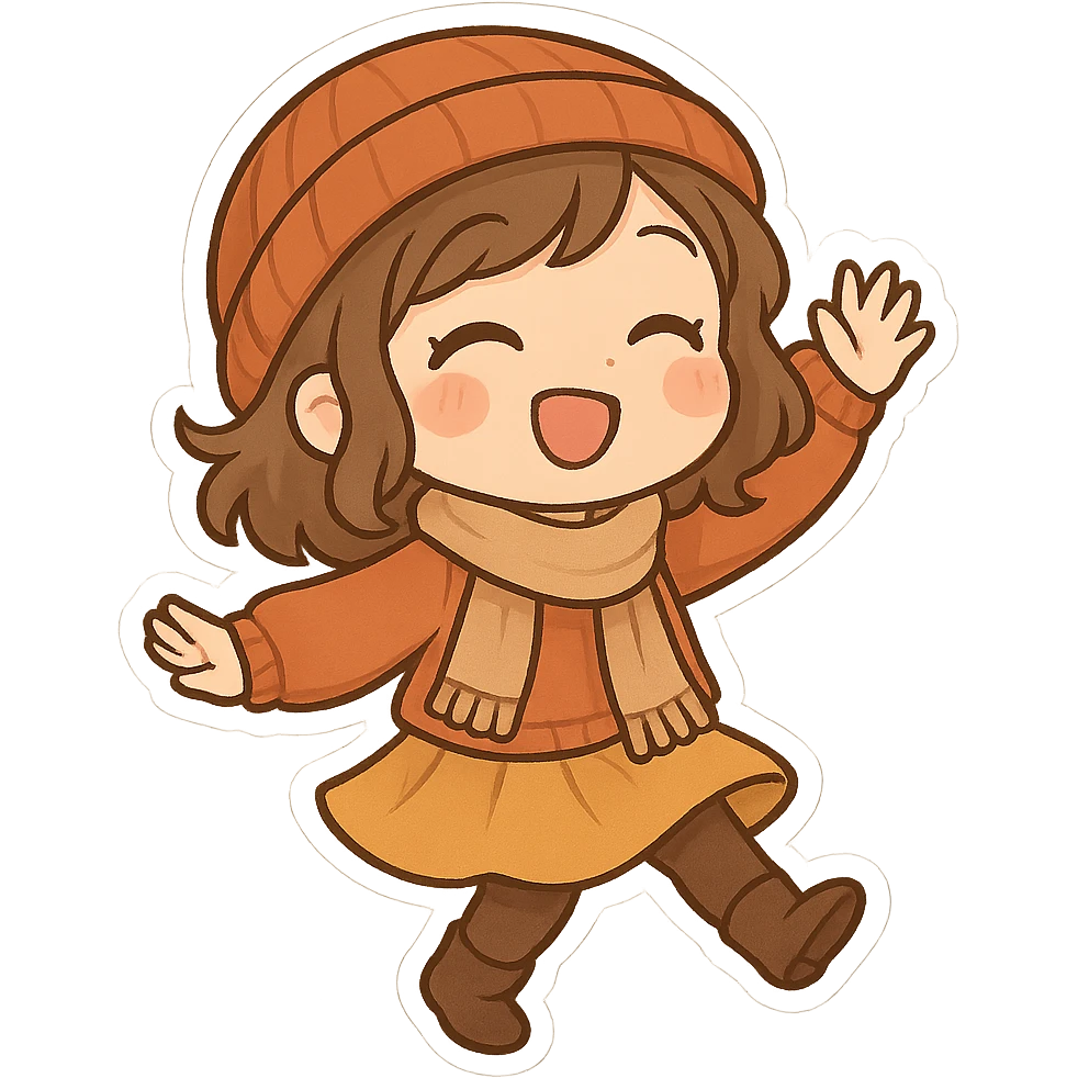 一个穿着秋季服装的女孩，开心欢快，跳舞 emoji
