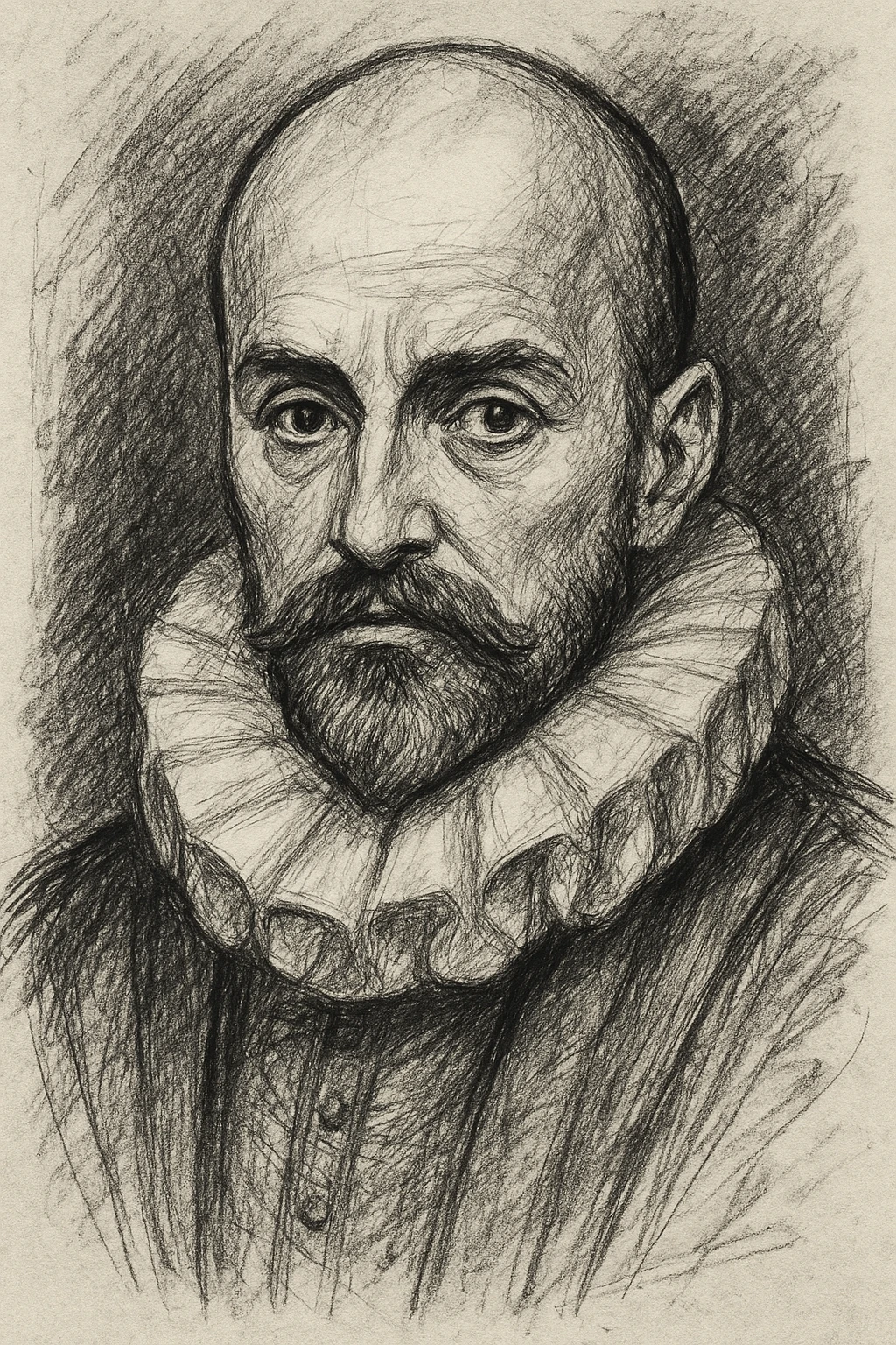 a hand drawn black outline portrait of philosopher Montaigne with similar-sized eyes based a famous portrait of him emoji