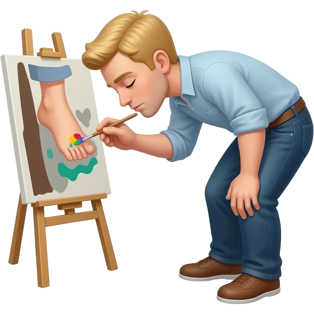 Blonde man with closed eyes bowed, painting toes with his mouth emoji
