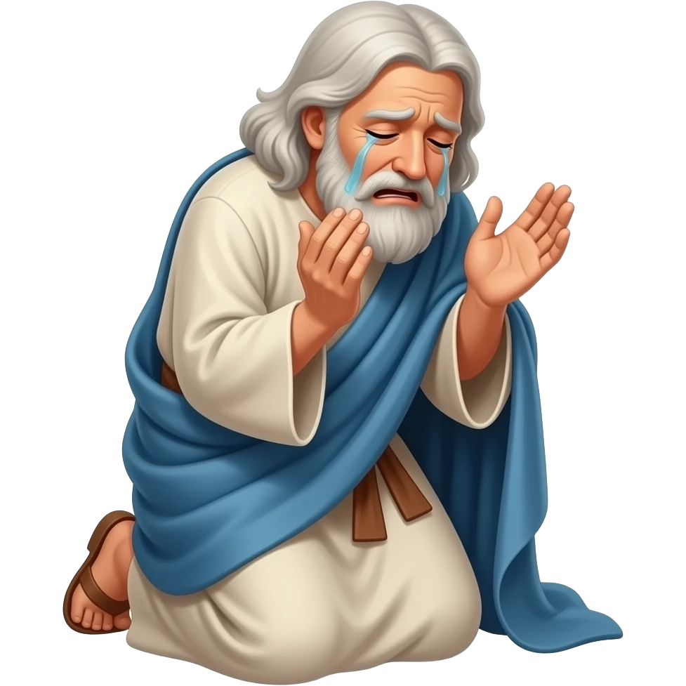 An old man wearing draped clothing from biblical times, on his knees crying and pleading with God emoji