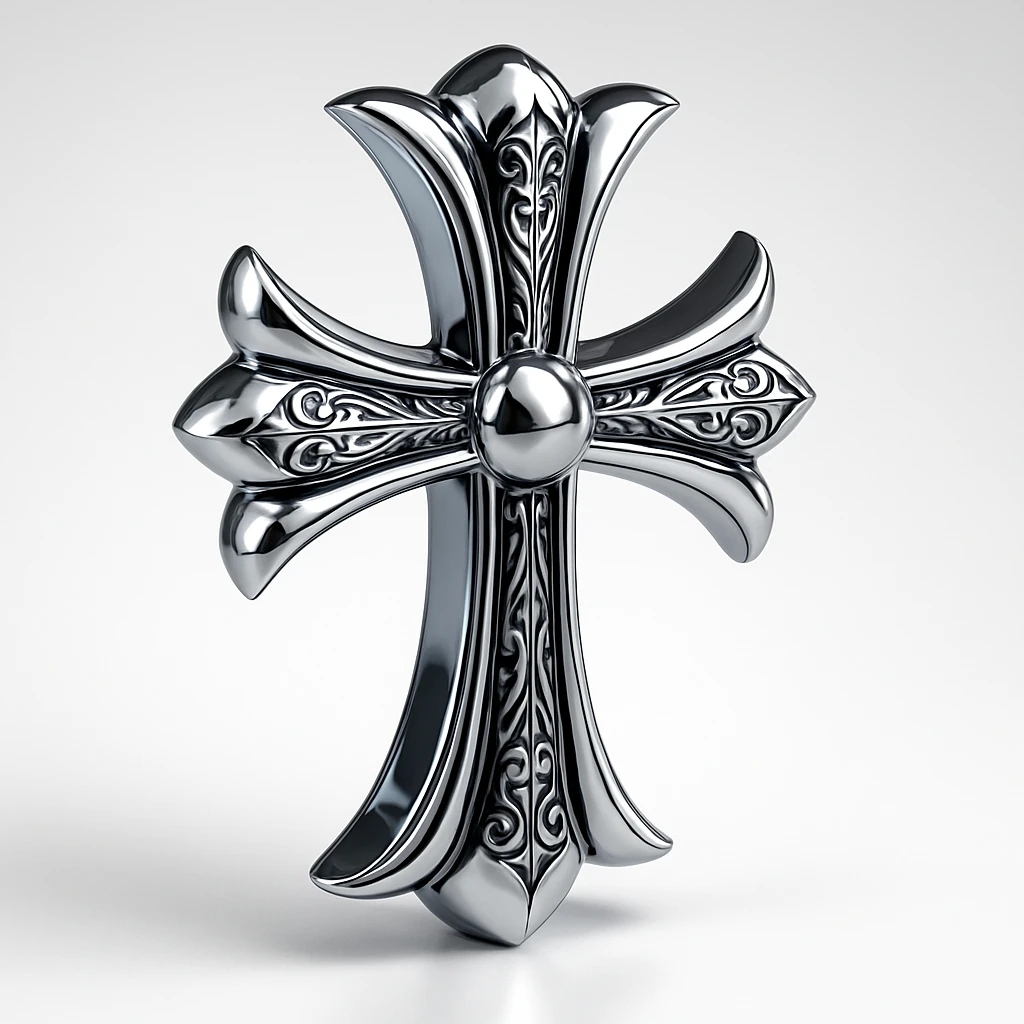 Chrome Hearts style cross, shiny chrome, black accents, gothic luxury, detailed craftsmanship emoji