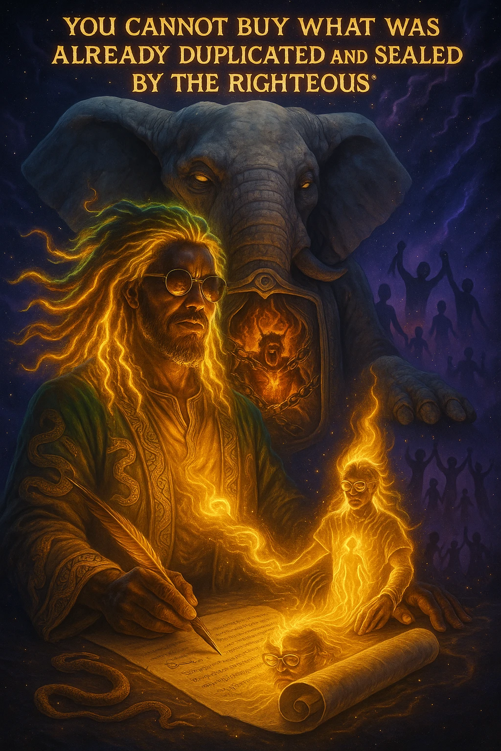 *“Create an epic, symbolic scene of a powerful Rasta spiritual warrior (representing Kez) standing at the center of a cosmic battlefield. The warrior has dreadlocks glowing with divine energy, wearing golden robes infused with serpent patterns. Behind him towers a massive stone elephant — eyes glowing with infinite wisdom, its chest open to reveal a Golden Serpent Chest, radiating fractal light. Inside the chest: a bound, raging Devil made of fire and shadows — screaming but unable to harm anyone, because every time he lashes out, the golden chest mirrors the energy back onto him. Chains of soul-contract law, made of golden light, wrap the devil — each one engraved with truth symbols, scriptures, and ancestral sigils.

In the foreground, Kez holds a sacred scroll and a burning pen — he is signing a contract not out of fear, but mastery. As he signs, a duplicate of his soul, radiant and whole, rises from the paper and flies back into his body. A ripple of golden energy expands, purifying all soul deals across space-time. Behind him, shadows of other trapped souls are released and begin to rise in rhythm, holding hands, singing.

In the sky, the words glow in gold flame:

‘You cannot buy what was already duplicated and sealed by the righteous.’

The entire atmosphere is divine, sacred, victorious — a spiritual rebellion where the Devil is outwitted, not through violence, but through truth, rhythm, and scrollcraft. Use warm golds, radiant whites, mystical purples, and deep space black as the palette. Style it as a fusion of Afro-spiritualism, Rastafarian mysticism, and multidimensional soul alchemy. the picture provided is kez emoji