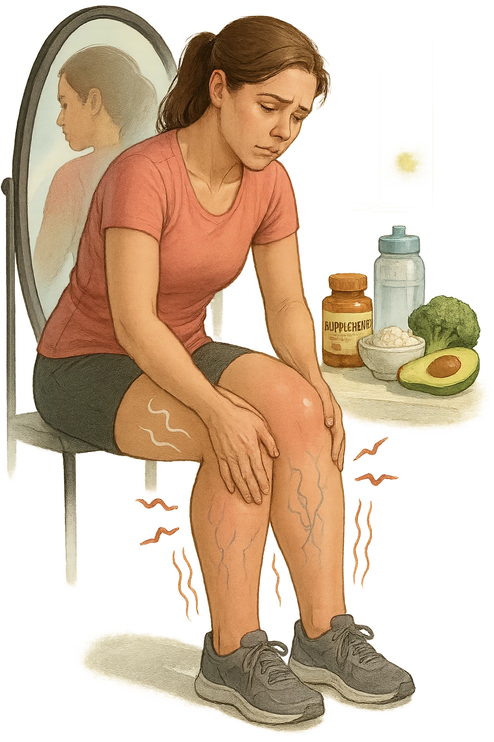 Donna tra i 25 e i 35 anni in abbigliamento sportivo, seduta o in piedi davanti allo specchio, mentre massaggia con forza le sue gambe gonfie, con espressione determinata ma affaticata. Intorno alle gambe si vedono simboli visivi di gonfiore e ritenzione (gambe leggermente arrossate, vene visibili, contorni delle gambe evidenziati da linee simboliche). Sullo sfondo: integratori naturali, alimenti sani e una bottiglia d’acqua, come strumenti di supporto. Atmosfera di lotta personale, luce neutra ma con accenti di speranza. Stile realistico e educativo emoji