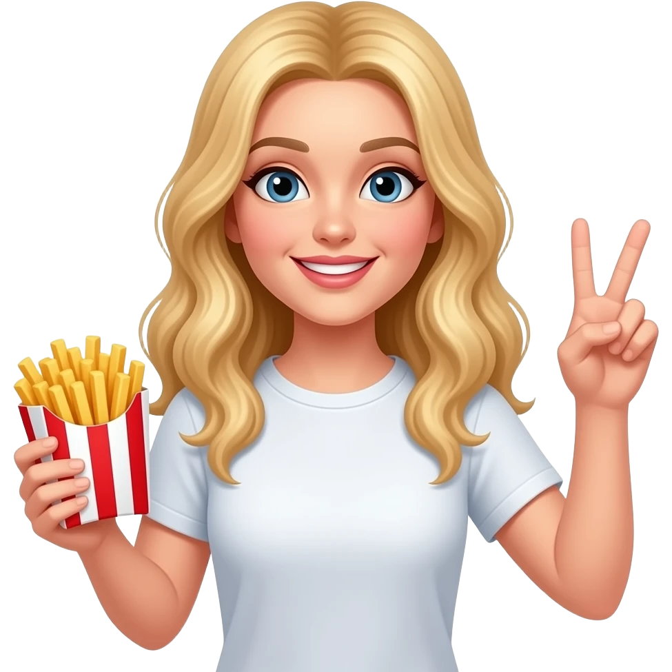 Blonde lady slightly wavy hair middle part long holding french fries in a stripped red and white holder throwing up peace with innocent smile emoji