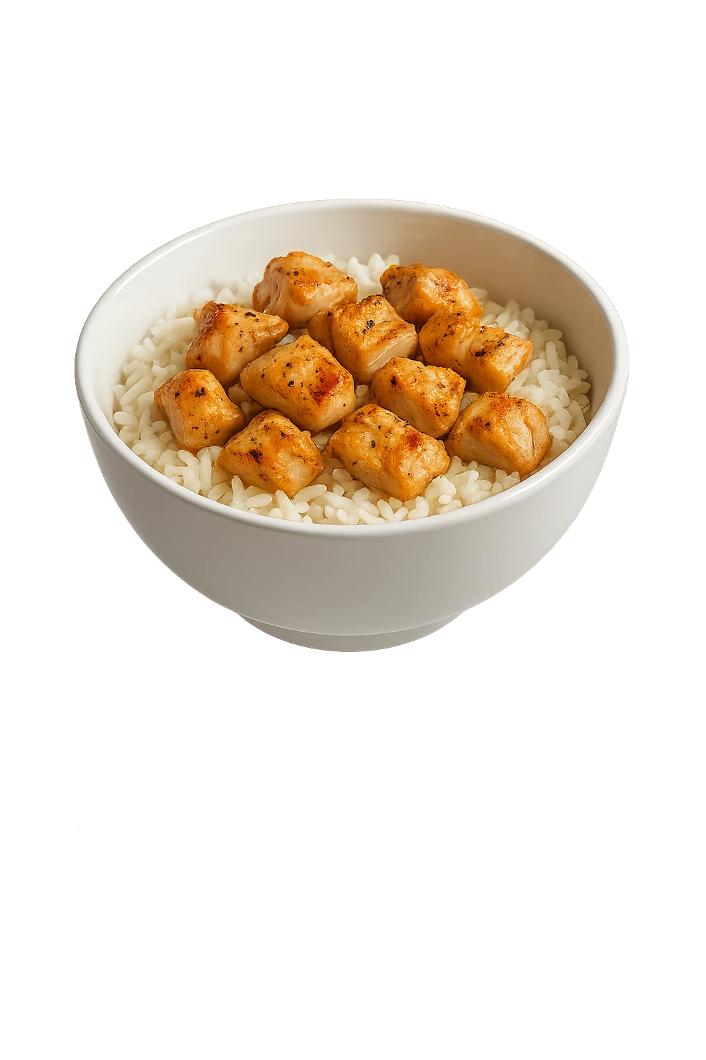 bowl bianca che fluttua in aria con riso e pollo emoji