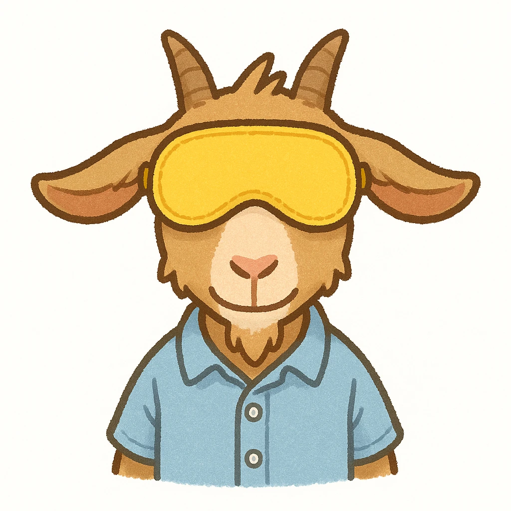 a goat with yellow sleep mask and wearing shirt, front view,  Frontal Top-Down Soft Light, white background, portrait, casual cartoon stylized emoji