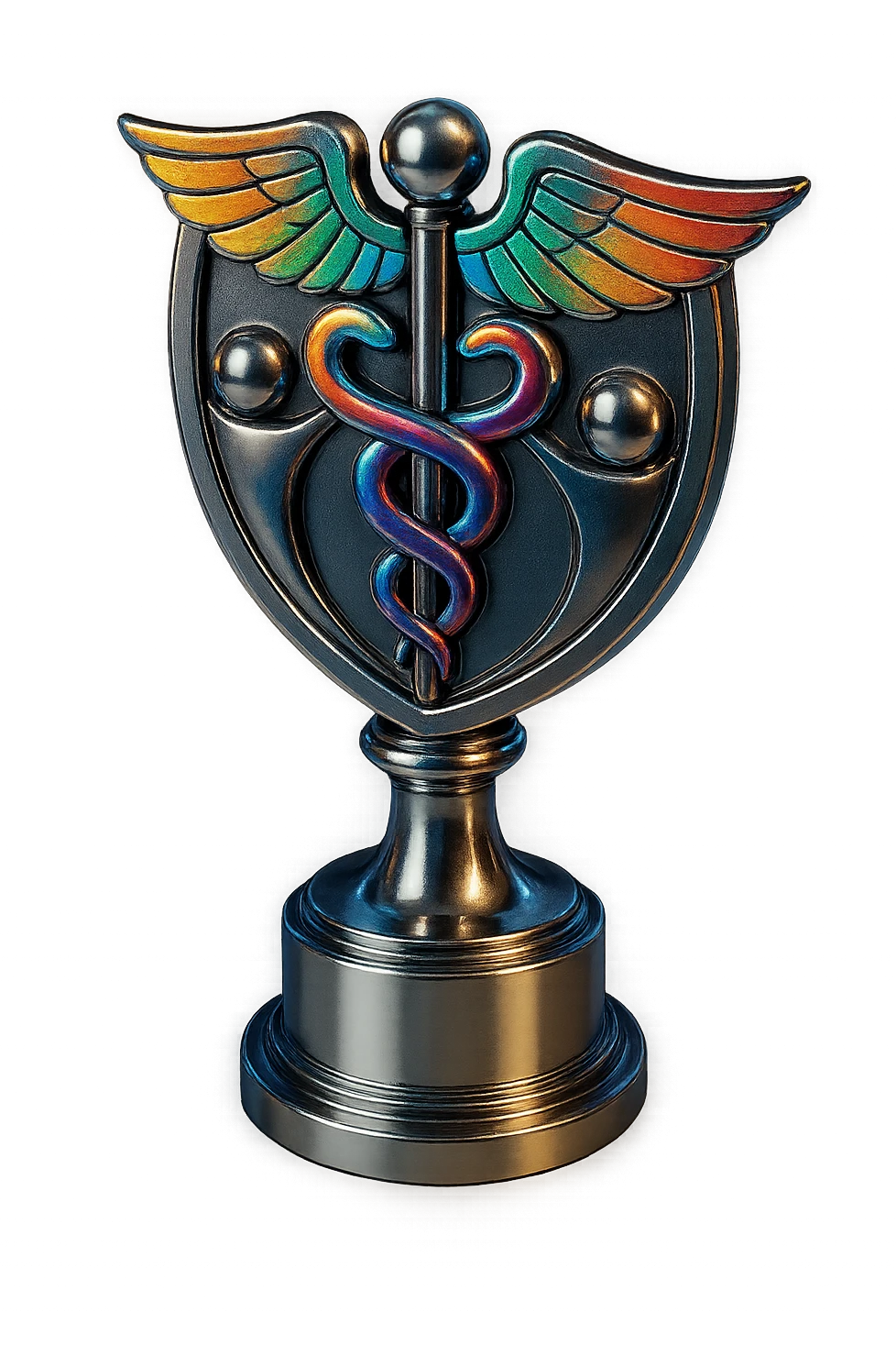 Add vibrant color accents to the chrome trophy with staff symbol, keeping the chrome style prominent and maintaining the shiny metallic chrome effect with colorful highlights. emoji