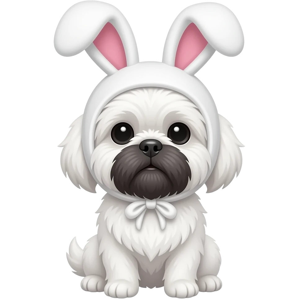 a white Shih Tzu with dark hair around her nose wearing a bunny ear hat emoji