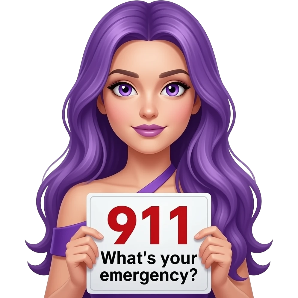sexy girl with long purple hair and purple eyes wearing a sexy dress holding a 911 What's your emergency? sign emoji