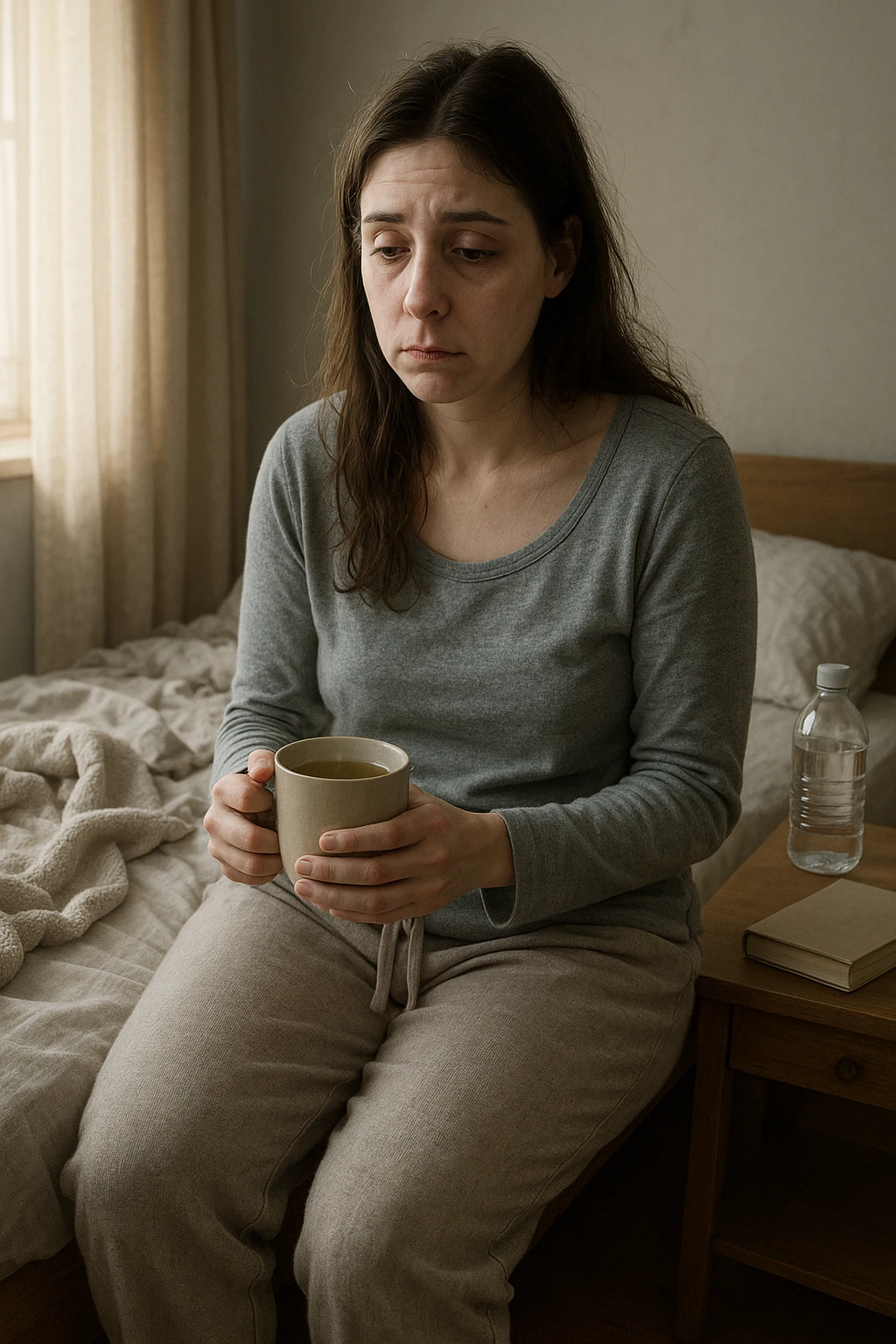 A realistic, cinematic illustration of a woman in her early 30s with a tired, pale appearance, sitting on the edge of her bed in a softly lit bedroom during the morning, looking exhausted and drained. Her posture is slightly slouched, and dark circles are visible under her eyes. She wears comfortable loungewear, holding a warm cup of herbal tea in her hands, seeking comfort. The scene includes a cozy yet slightly messy room with a blanket, a water bottle, and a book on the nightstand, emphasizing chronic fatigue. Soft natural light comes through the window, highlighting her expression of persistent tiredness despite rest, capturing the invisible struggle of chronic fatigue syndrome while maintaining dignity and a gentle aesthetic. emoji
