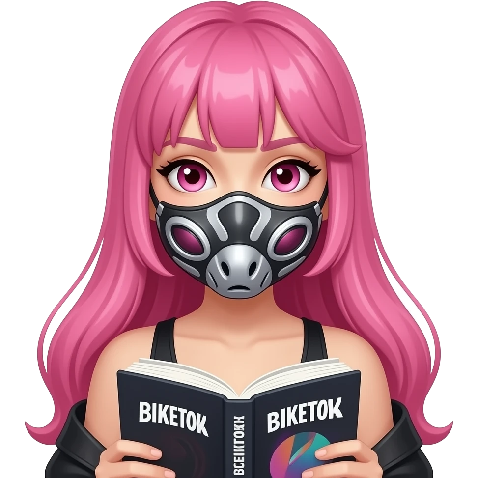 sexy girl with long pink hair and pink eyes holding a BOOKTOK BIKETOK MASKTOK emoji