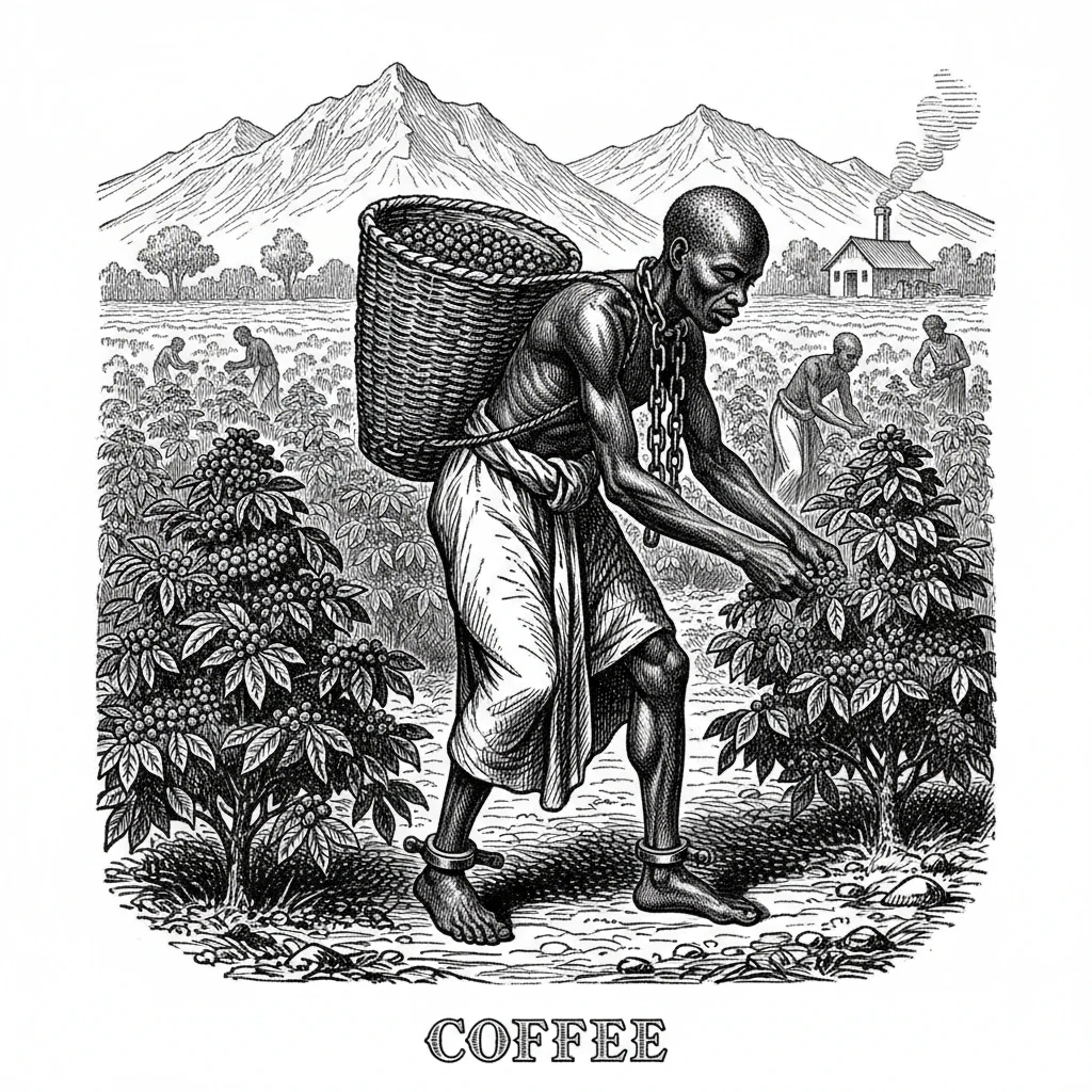 Сгенерируй мне в стиле черно белой гравюры африканского раба с цепью на шее который собирает КОФЕ emoji
