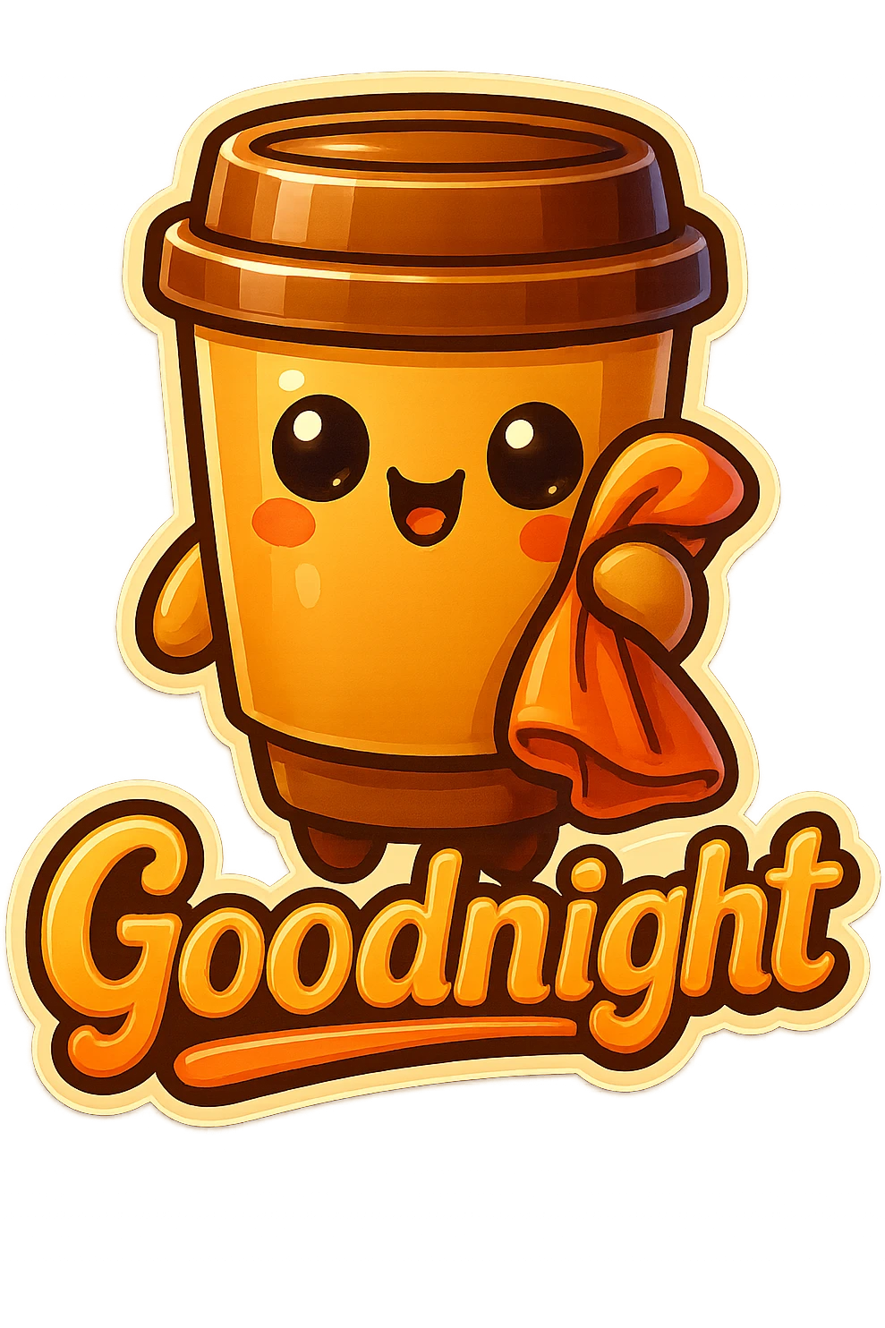 Tall coffee cup, holding a blanket, big "Goodnight" emoji