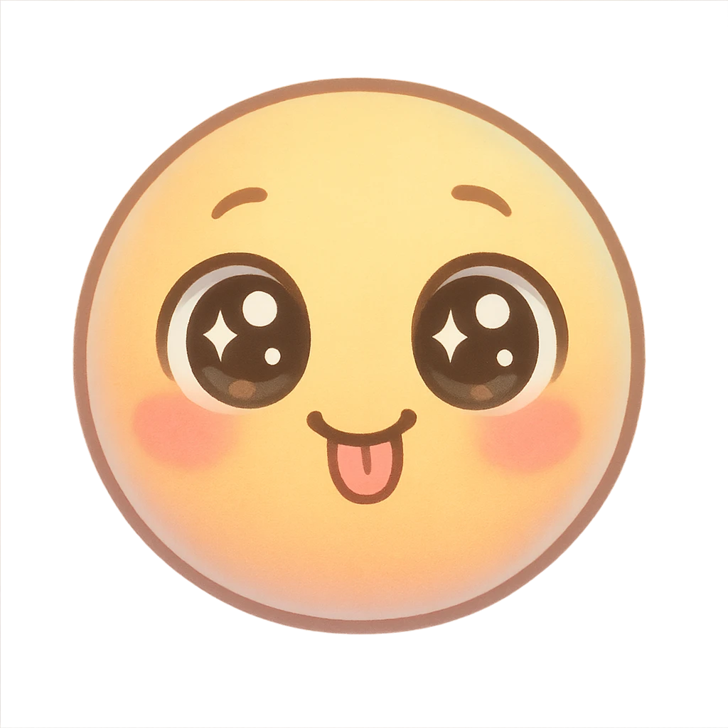 cute emoji, round face, big sparkling eyes, tiny tongue sticking out, playful, pastel colors emoji