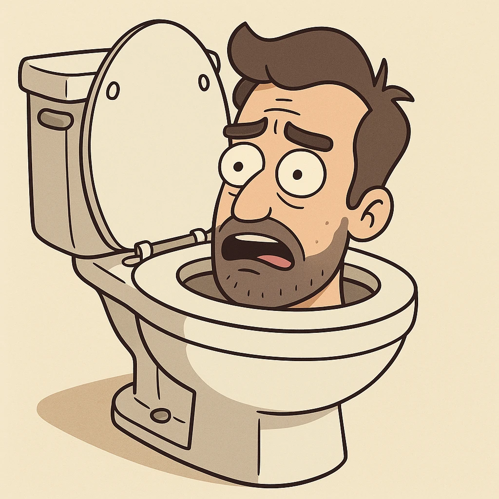 a man's head inside a toilet, humorous, cartoon style emoji