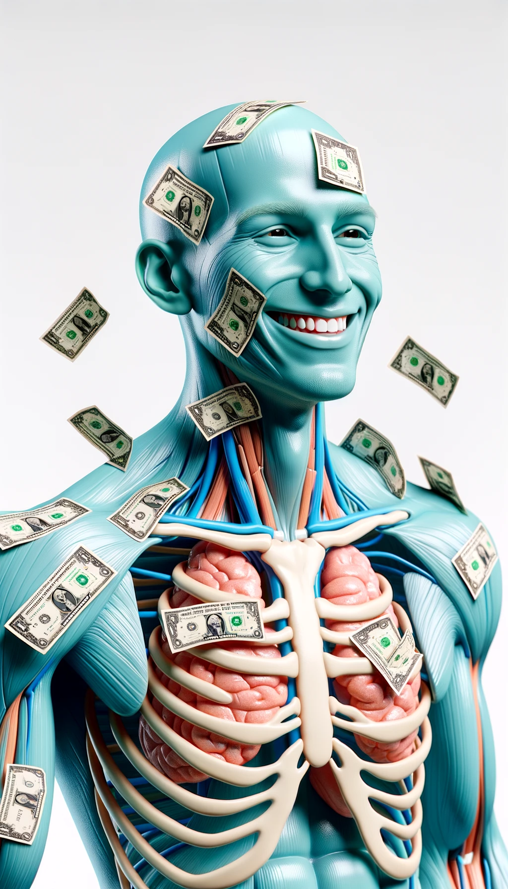 corpo umano anatomico sereno e felice con banconote sparse appiccicate sul corpo, colori realistici del corpo, espressione stupita, iperrealistica 4k, isolato su sfondo bianco emoji