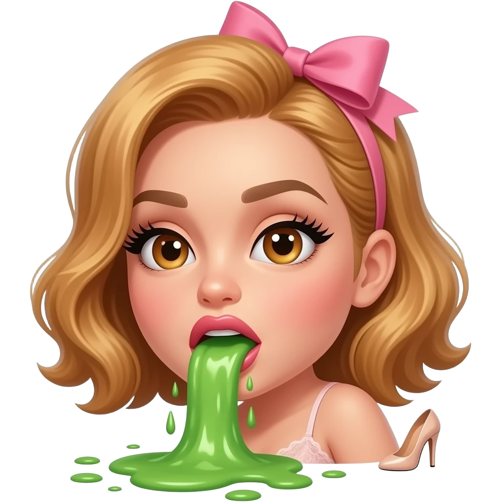glamours,-tanned,-very-beautiful-woman-with-big-plump-rose-beige-lips,-long-lashes,-honey-silky-very short- hair,-wavy-hair,-with pink bow in hair -hazel-eyes-wearing-nude-lace-lingerie-nude-stilettos,-projectile-vommiting-green-puke emoji