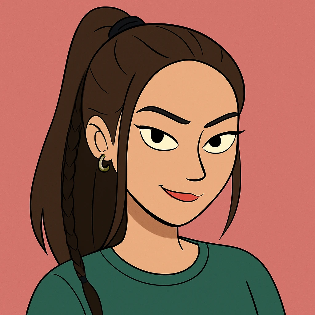 Create a modern cartoon style face closely resembling the girl in the reference image, matching her facial features, hairstyle, and expression. Make it cute with a slightly mysterious or intense vibe, capturing the essence of a contemporary cartoon character. emoji