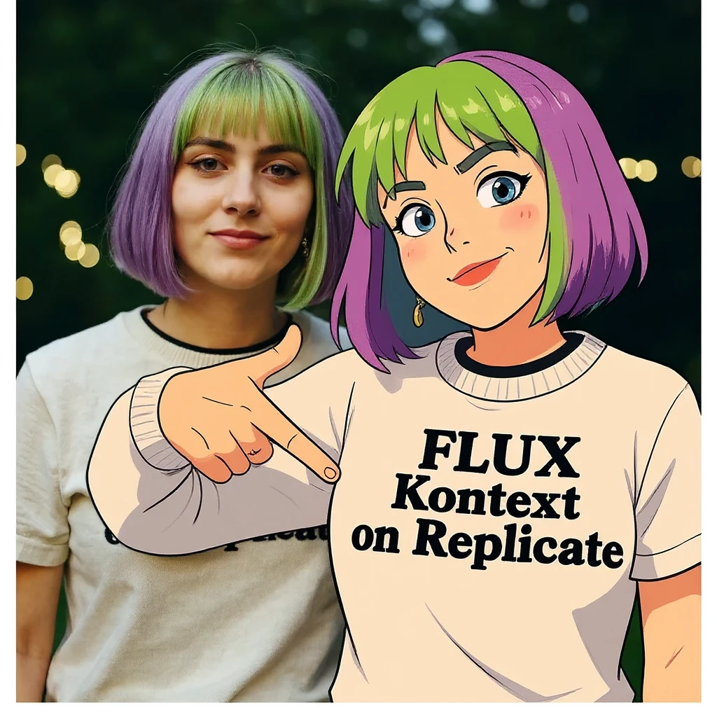 make a image of a girl with a anime version of that girl beside her wearing tshirt with text of "FLUX Kontext", avoid replicate emoji