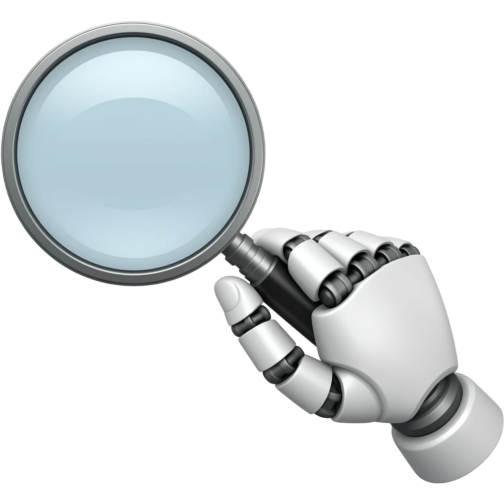 white robot hand holding magniying glass showing the back of the hand emoji