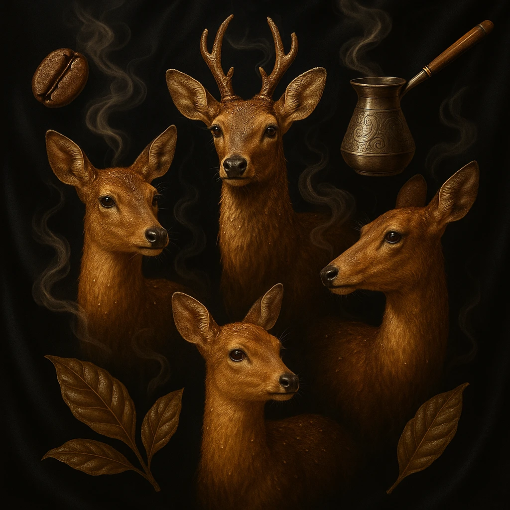 Four golden-brown deer, highly realistic, with fine water droplets on their fur. Each deer emits a light coffee aroma, visually represented by soft, swirling steam like freshly brewed coffee. Subtle coffee heritage elements such as Ethiopian coffee bean, Turkish cezve, and coffee tree leaf are tastefully integrated. Luxurious black satin or matte background with transparent edges, logo-level resolution. emoji