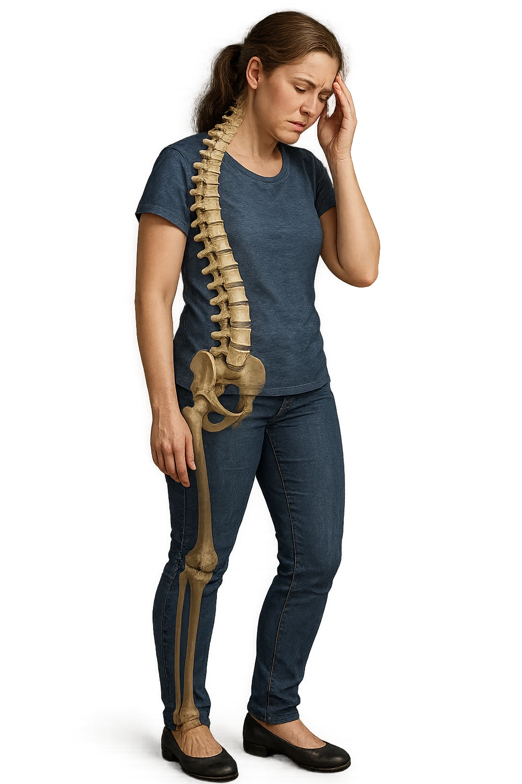 donna stanca a figura intera che si tiene una mano sulla tempia con spina dorsale anatomica visibile, iperrealistico 4k emoji
