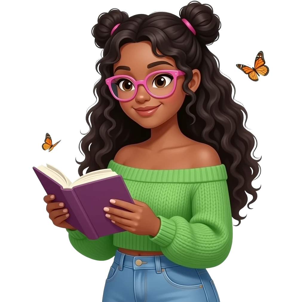 A curvy black pale lightskinned woman with long curly hair in pigtail buns, with pink glasses, wearing a green off the shoulder sweater and jeans, reading a book, with butterflies in the background emoji