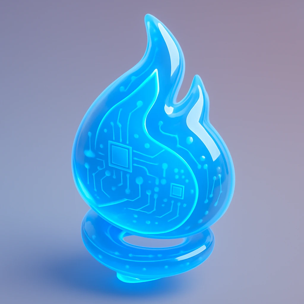 a blue flame, spiraling, glowing, in a futuristic glossy circuit style emoji