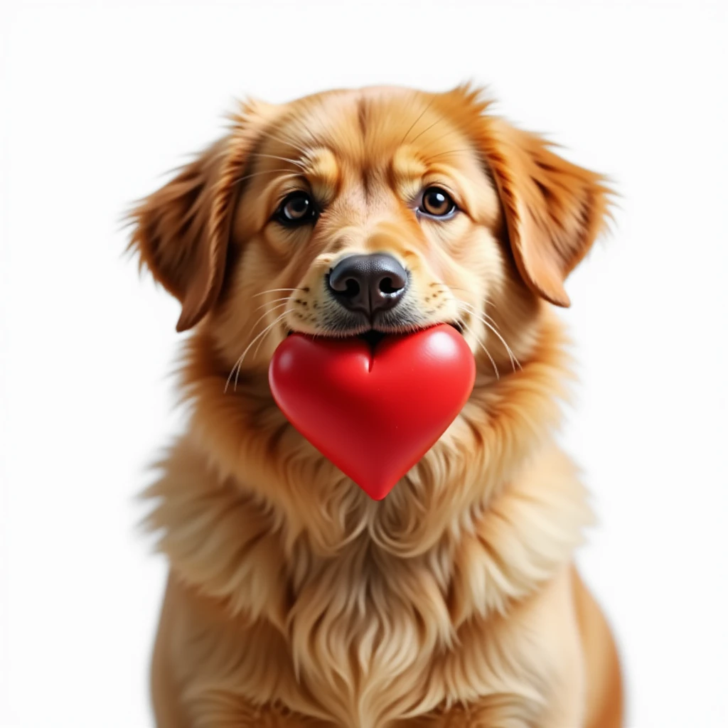 realistic Golden Retriever and Chow Chow mix dog holding a bright red heart in its mouth, realistic fur, friendly expression, white background emoji