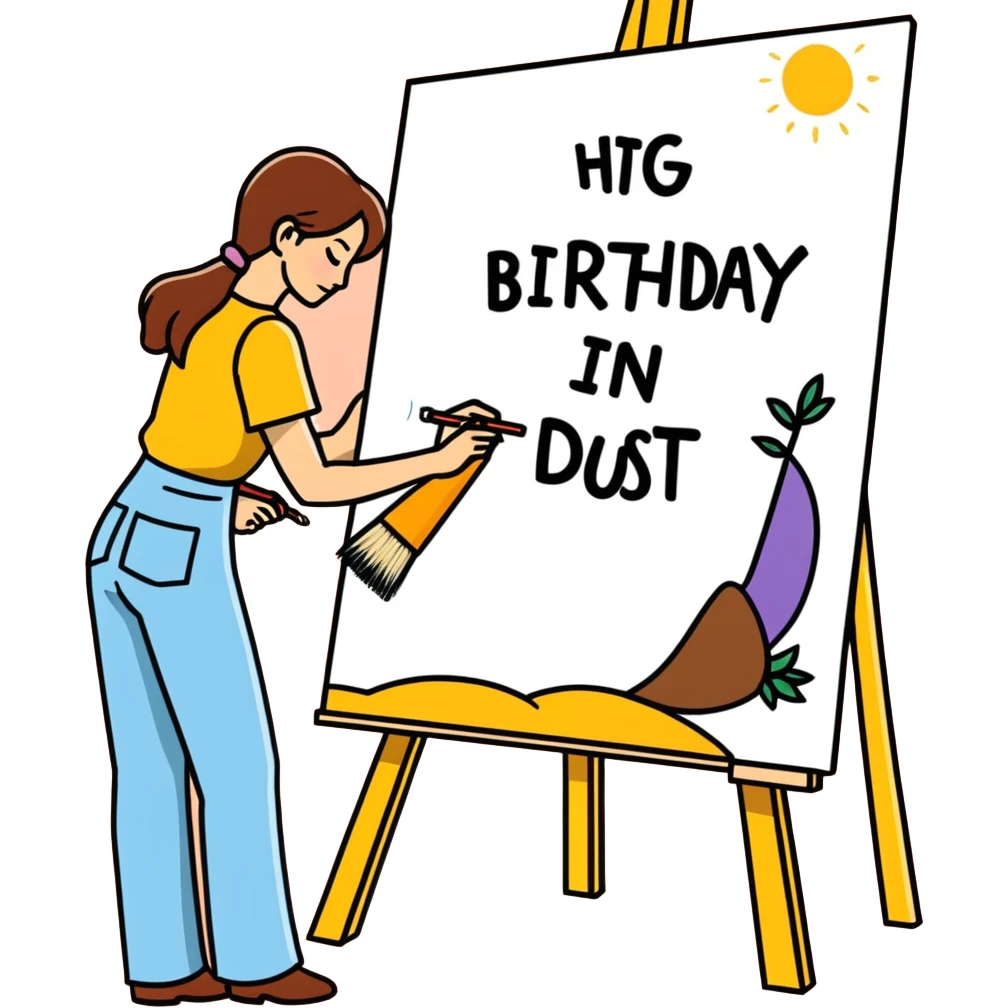 Woman painter/artist painting a big canvas that reads “ANOTHER ONE BITES THE DUST - HAPPY BIRTHDAY” in 60’s hippie style painting emoji