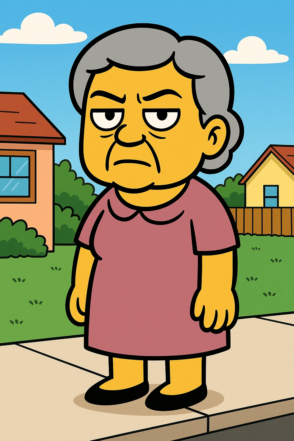 cartoon style elderly Asian lady with short grey hair and stoic expression emoji