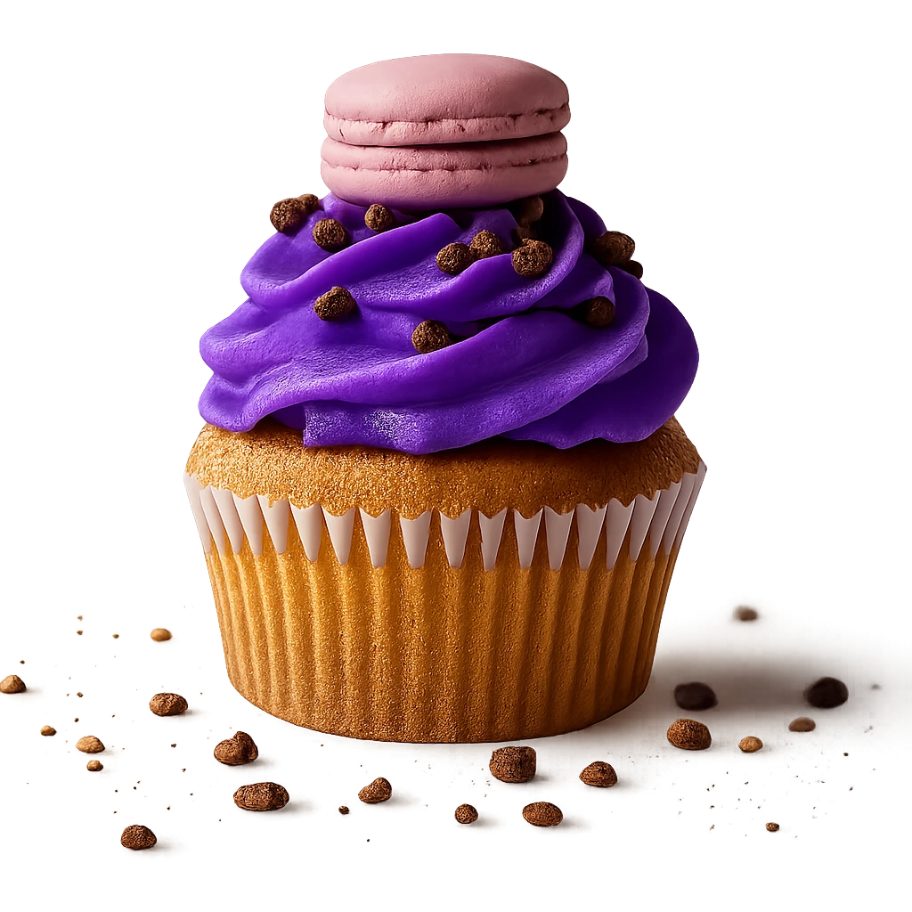 Change the icing to ube flavor with vivid purple, creamy and glossy texture, keep the realistic cupcake and accessories, photorealistic style, transparent background. emoji