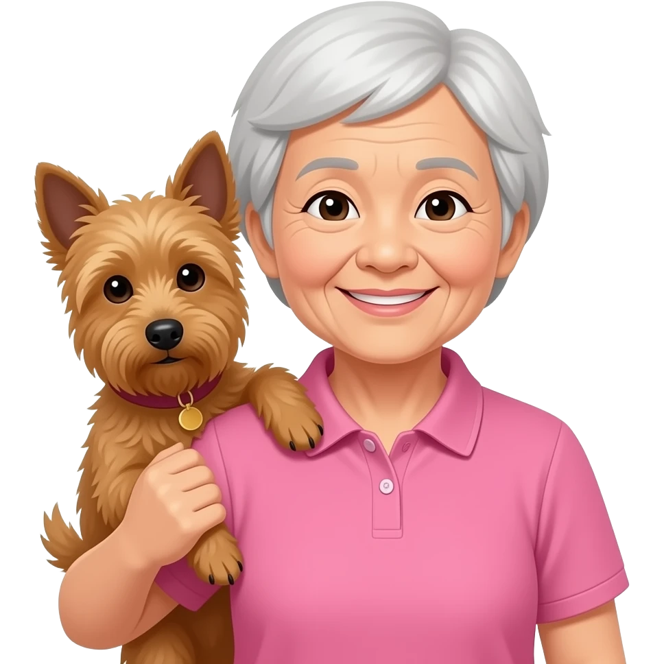 Asian grandma wearing pink polo shirt with short white hair carrying brown terrier emoji
