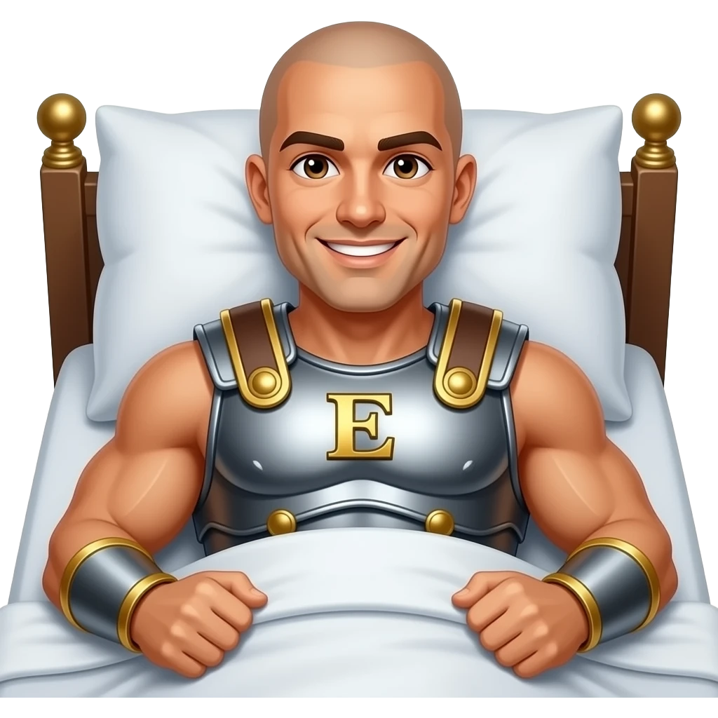 Muscular Roman soldier bald brown eyes smiling letter E on breast plate brunette in bed Brazilian waxed emoji