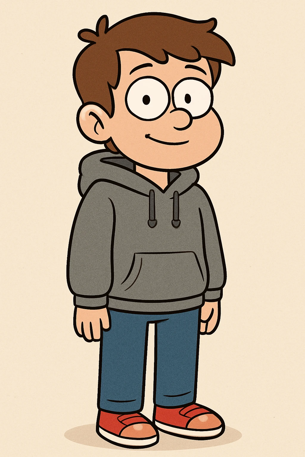 a boy brown hair grey awdis kids hoodie blue jeans red shoe  emoji
