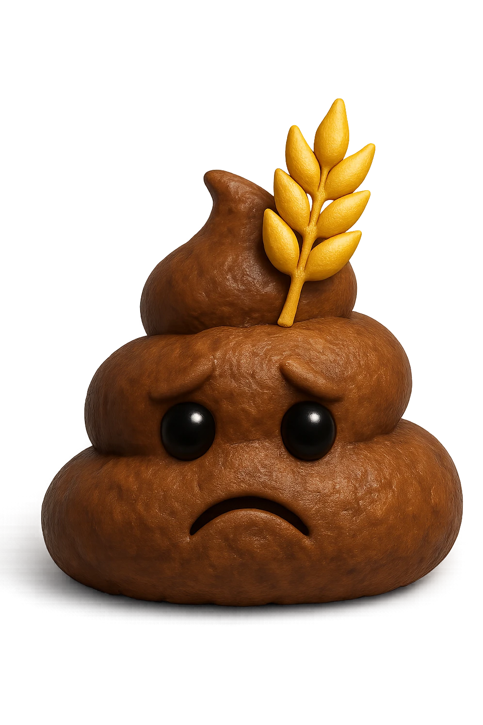 emoji stile iphone di una montagnetta di feci umane realistiche a palline tristi con sopra un simbolo del grano, iperrealistico 4k emoji