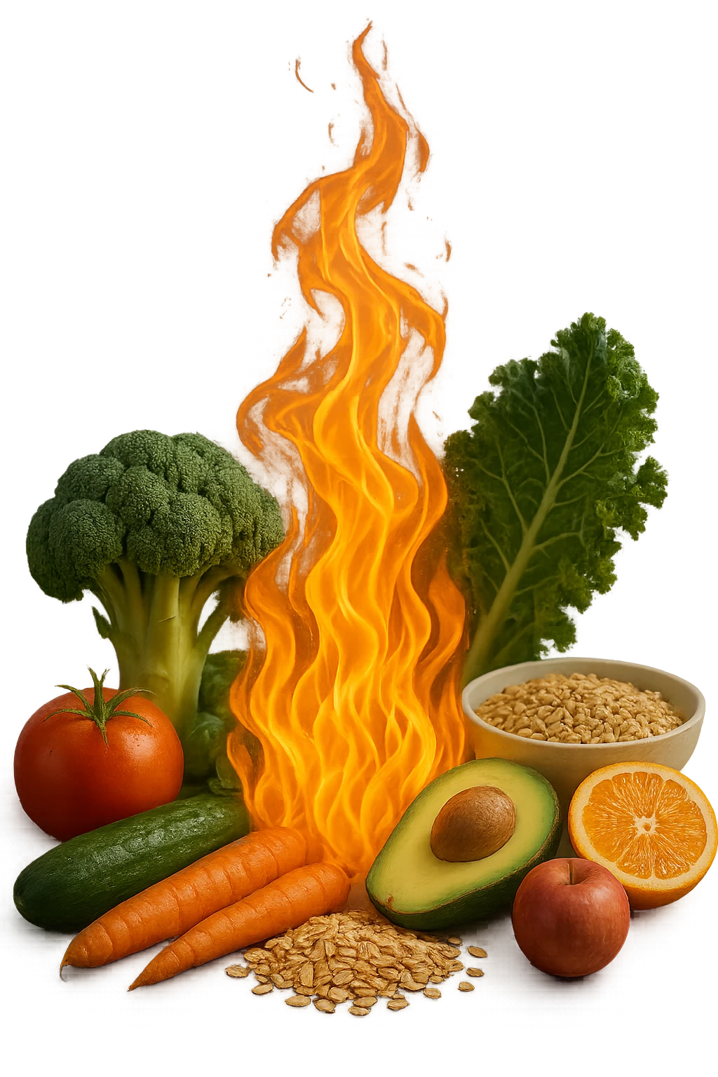 fiamma su cibo sano, metabolismo iperrealistico emoji