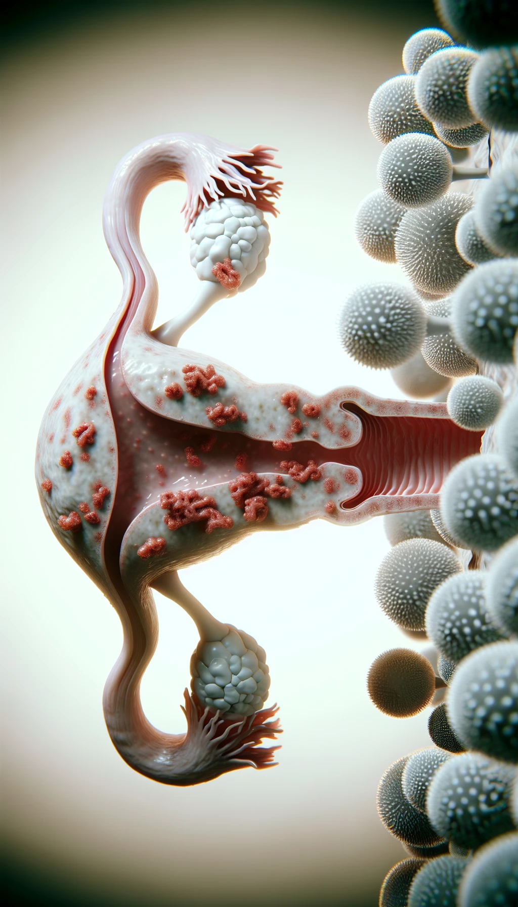 corpo umano anatomico con batteri come la candida nell'utero, sfondo neutro chiaro, iperrealistico 4k emoji